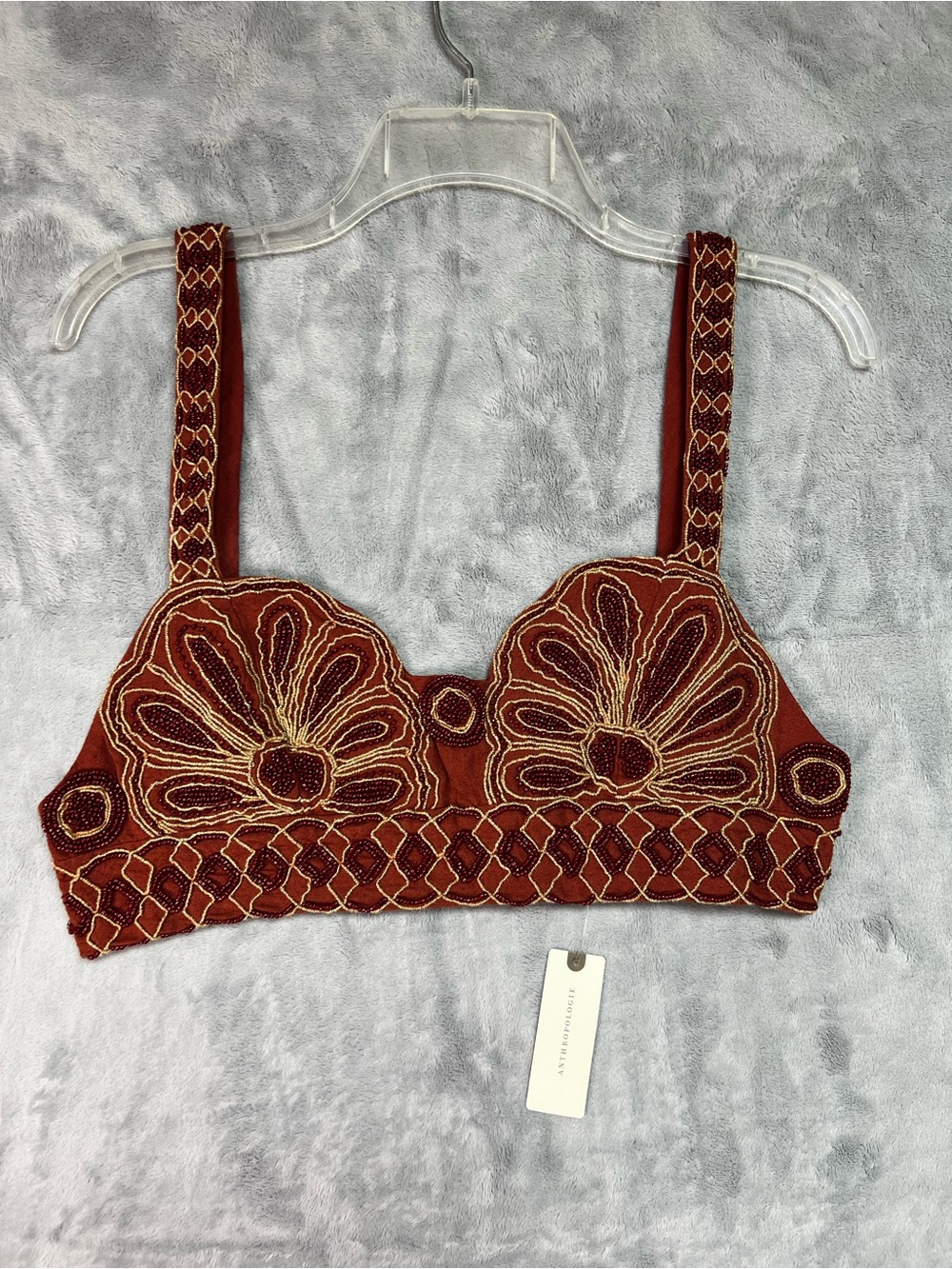 Anthropologie celandine beaded shell crop top size M deep auburn maroon new